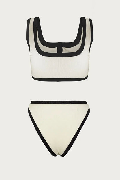 Elegant Contrast Button Detail Two-Piece Swimsuit