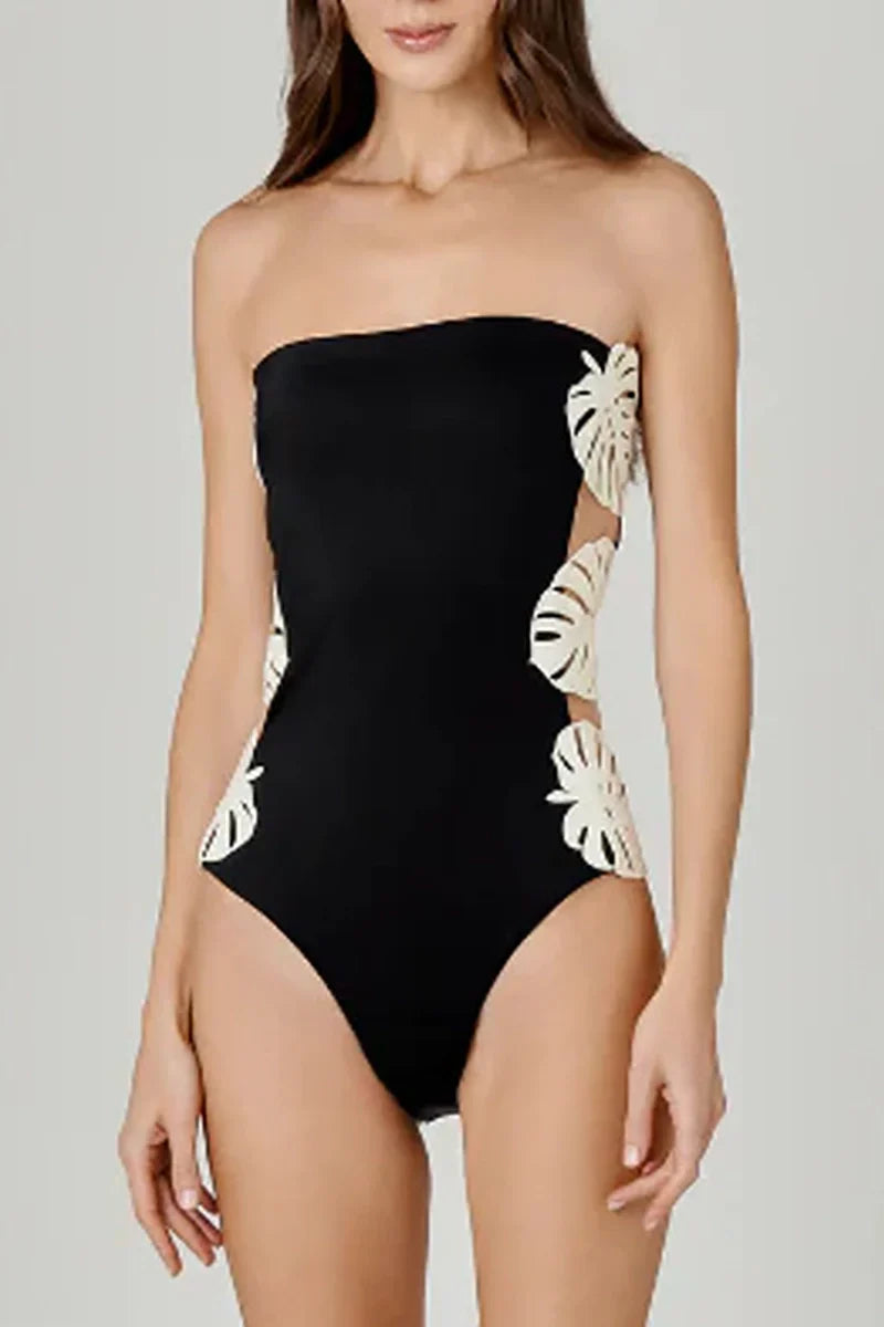 Leaf Patchwork Cutout Strapless Swimsuit