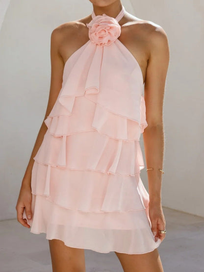 3D Flowers Halter Neck And Backless Layered Ruffles Sweet Mini&Short Dresses