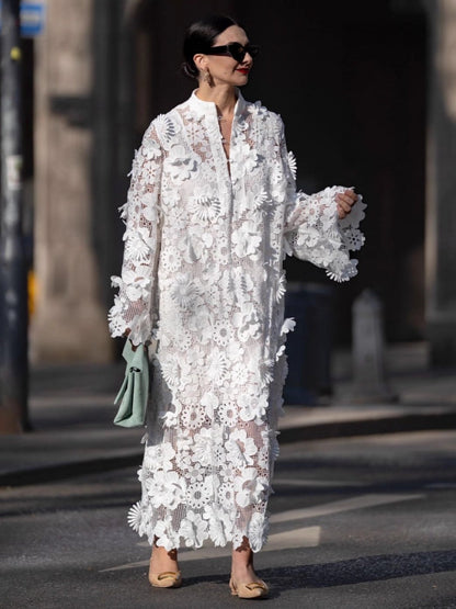 Hollow 3D Flowers Long Sleeve Vacation Maxi Dresses