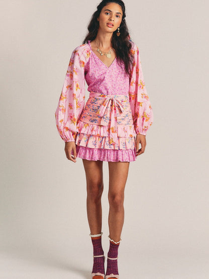 Pink Floral Printed High Waist Dress