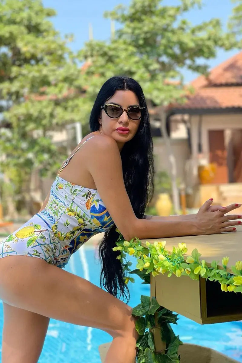 Lemon Print Backless One Piece Swimsuit Set