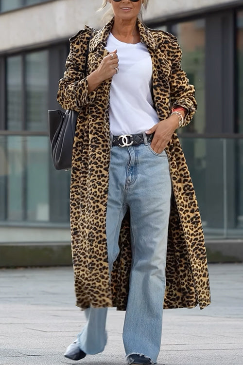 Lapel Open Front Leopard Midi Trendy Coat