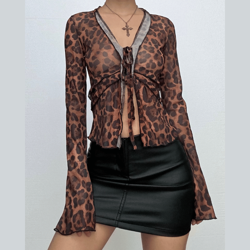 Long flared sleeve leopard print ruffle knotted sheer mesh top