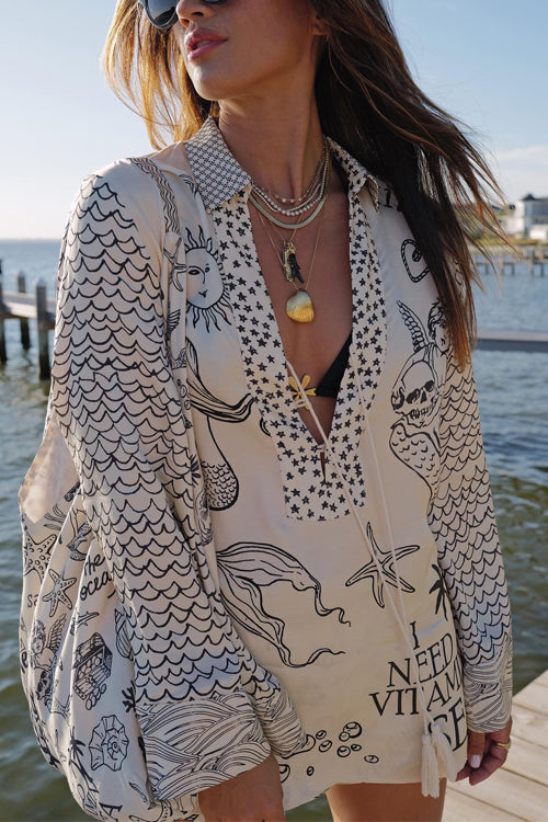 Meridress Collared V Neck Shirt and Side Slit Shorts Vitamin Sea Print Set