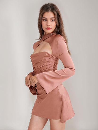 Ruched Mini Dress Cutout Ruffles Sleeves Backless Birthday Party Dresses