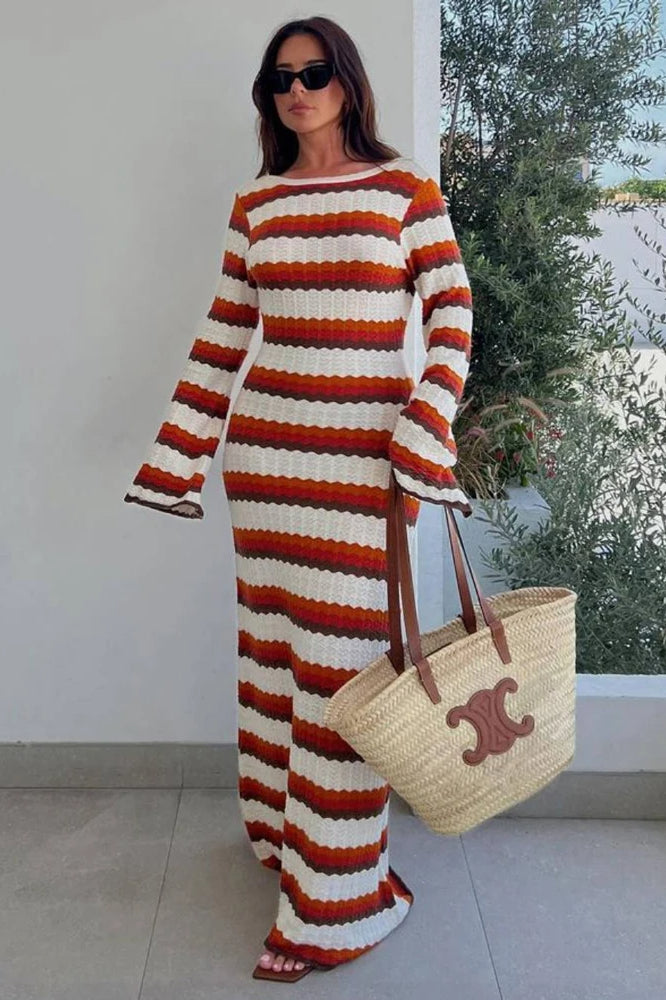 Zigzag Crochet Knit Boat Neck Bell Sleeve Bodycon Maxi Dress
