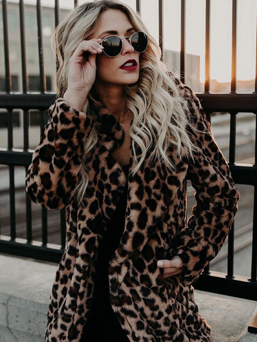 Faux Fur Coats Leopard Long Sleeves Leopard Print Oversized Eco-friendly Fur Coat