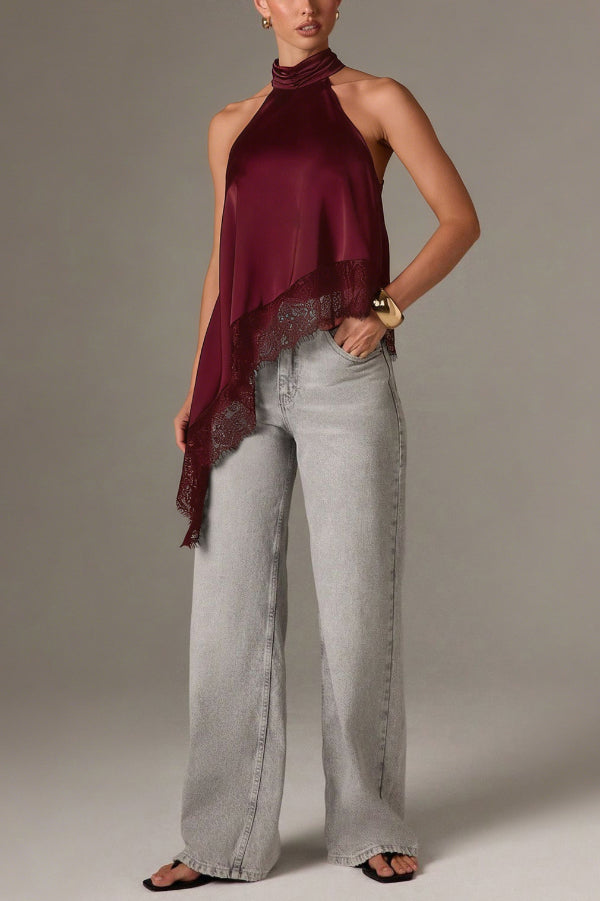 Solid Color Satin Sleeveless Lace Hem Loose Top