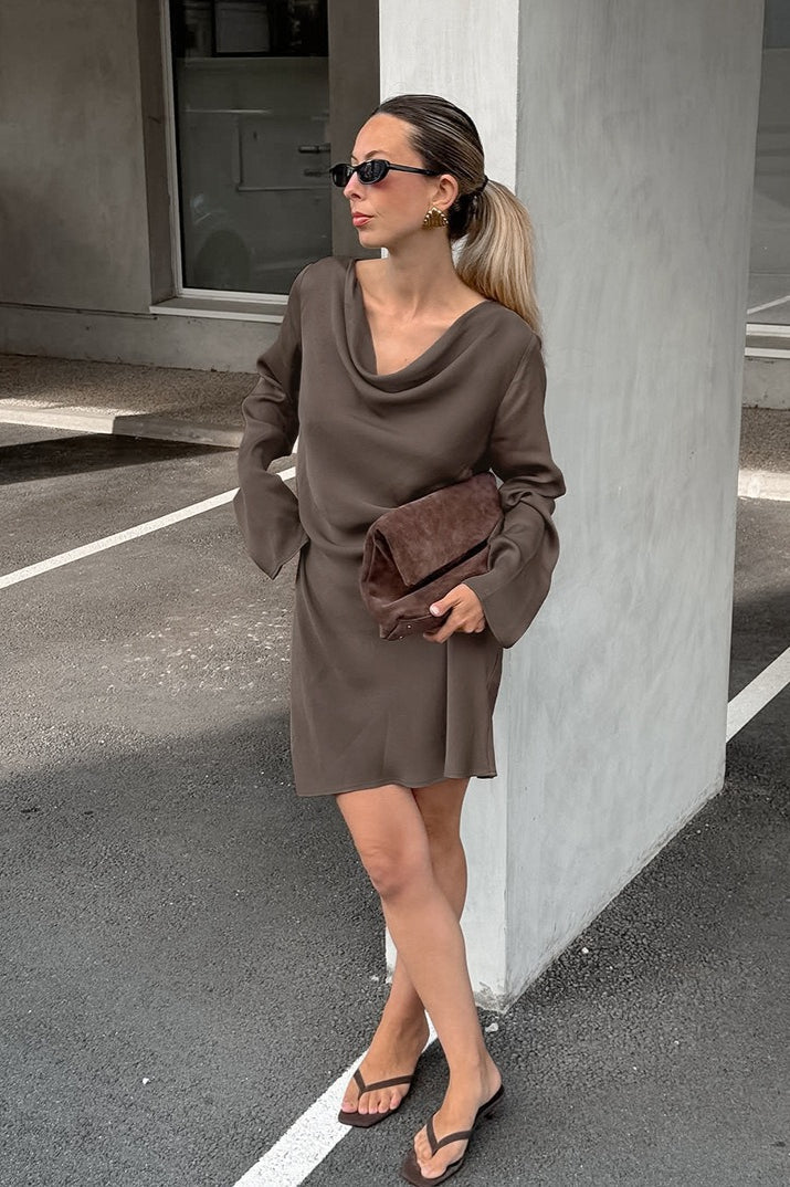 Satin Cowl Neck Long Sleeve Ruffled Hem Mini Dress