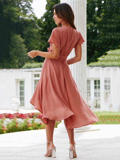 Short Sleeves Midi Dresses V-Neck Knotted High Low Design