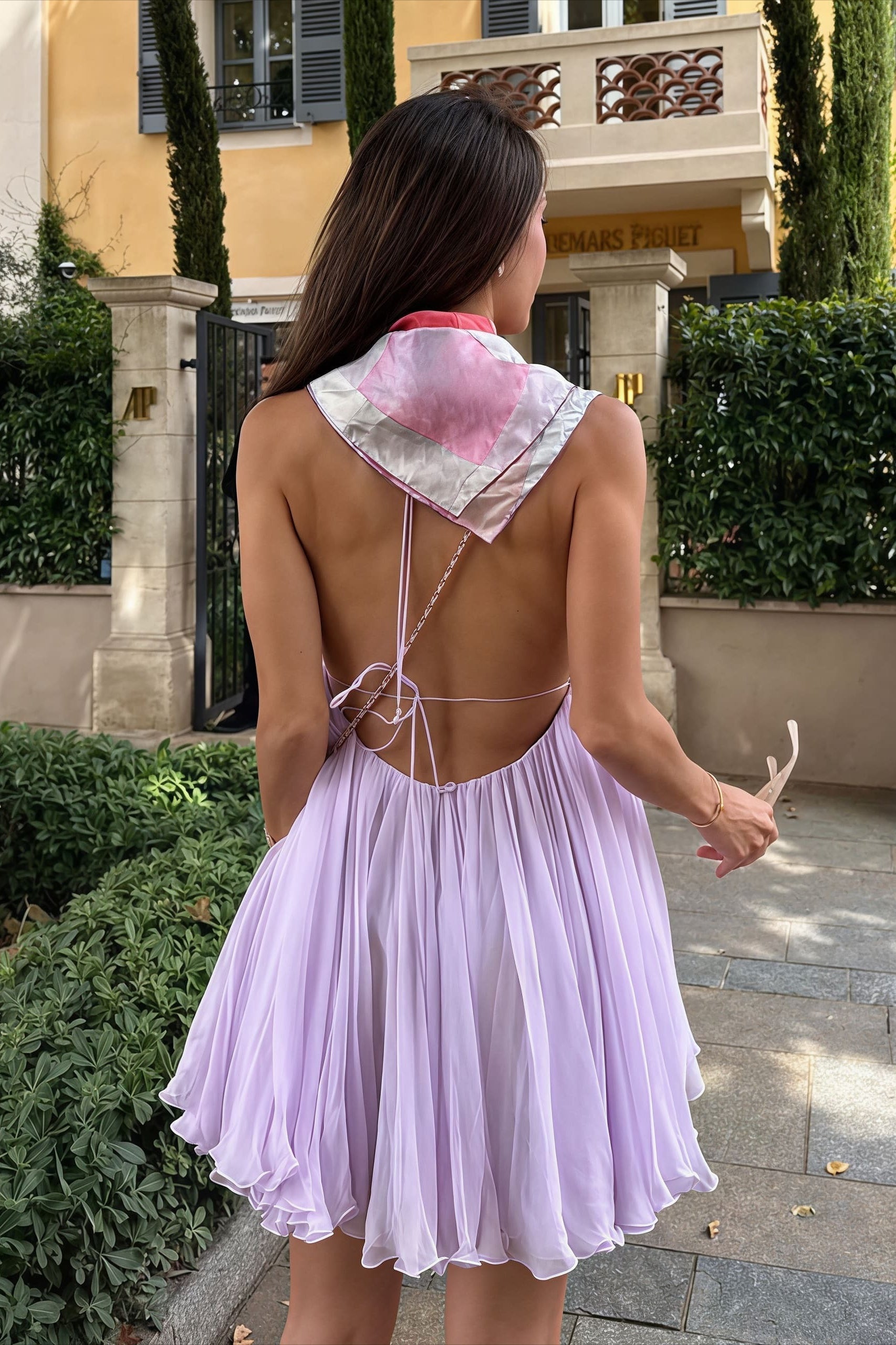 Pleated Chiffon Babydoll Plunging V-Neck Halter Spaghetti Strap Mini Dress