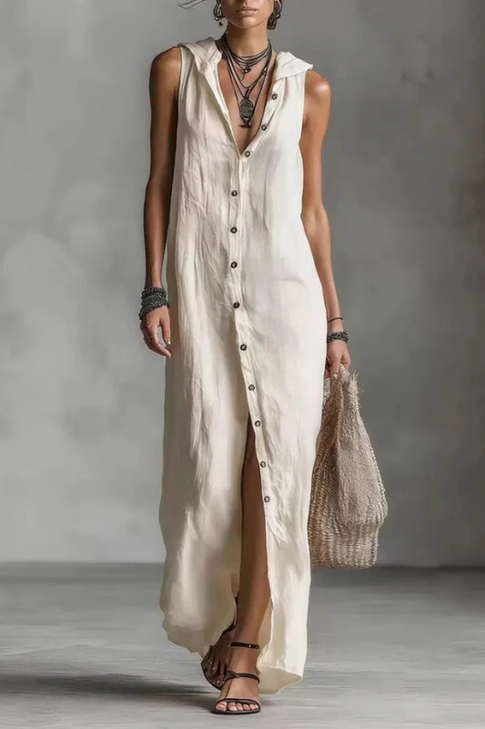 Linen Blend Solid Color Loose Single-breasted Sleeveless Casual Maxi Dress