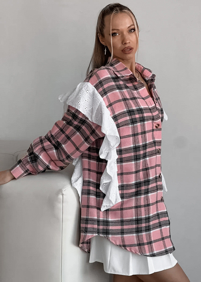 Ainsley Plaid Poplin Shirt - Pink Ruffle Accent Button-Up