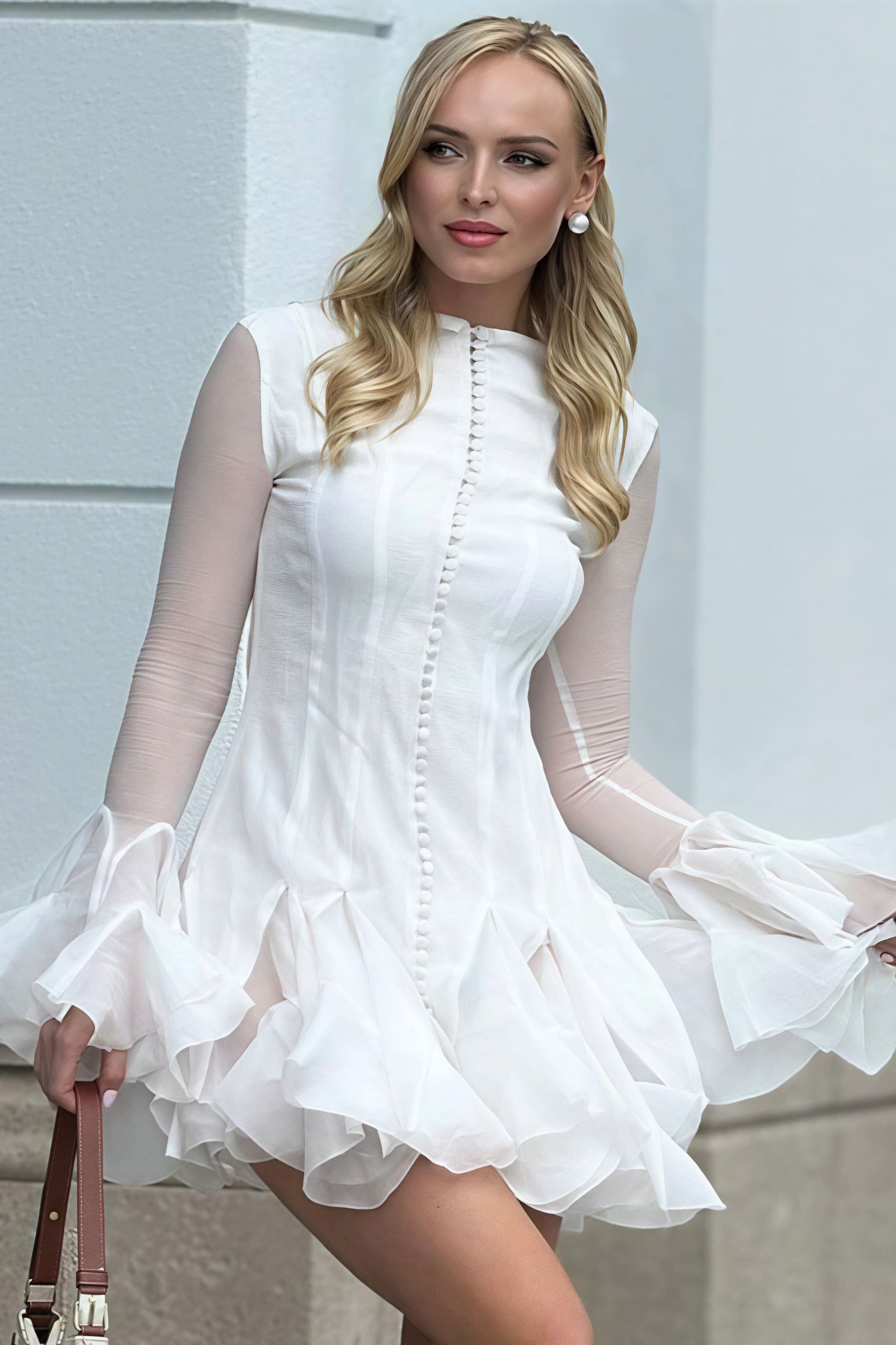 High Neck Button Front Long Sleeve Tiered Ruffle Flounce Mini Dress