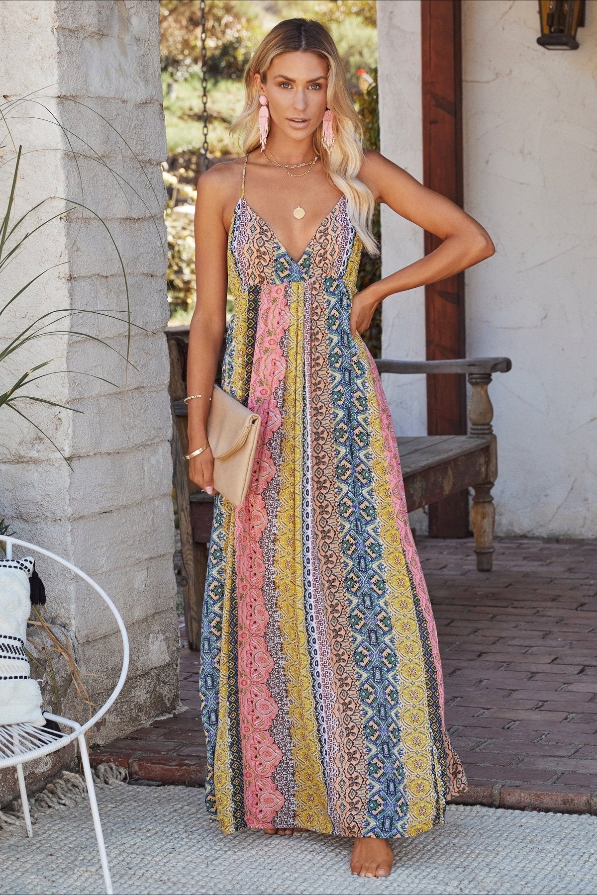Sexy V-neck Backless Floral Print Cami Maxi Dress