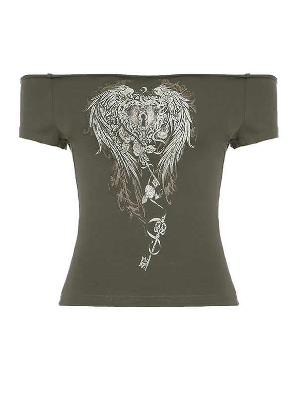 Gray Vintage Wing Print Short Sleeve Tee