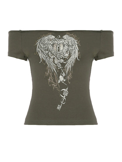 Gray Vintage Wing Print Short Sleeve Tee