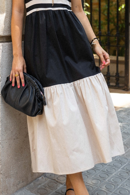 Black and white striped contrast stitching long suspender dress