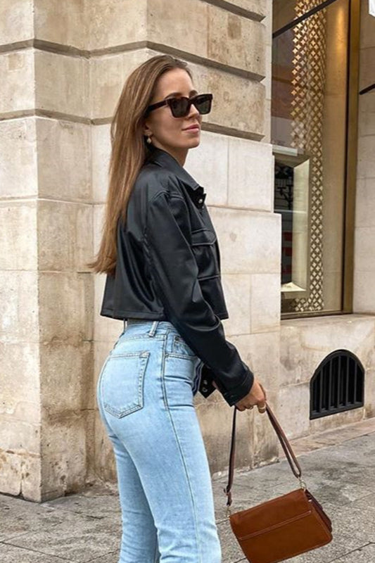 Trendy Cropped Faux Leather Coat