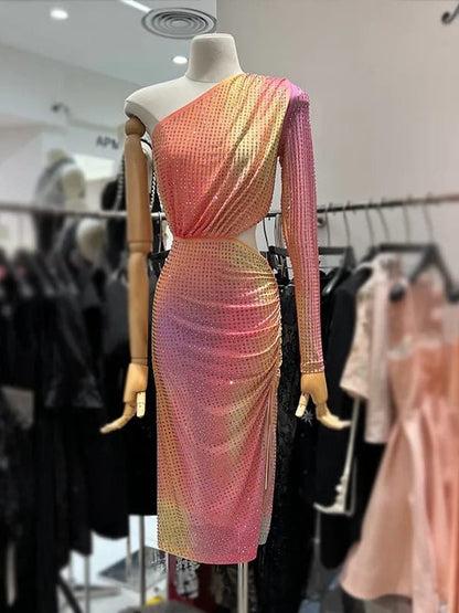 One Shoulder Rhinestone Mesh Tulle Cutout Slit Dress