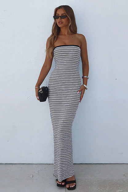 Strapless Waist Cinching Bodycon Stripe Maxi Dress
