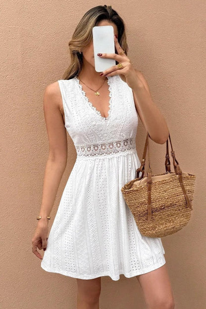 Sleeveless V-Neck Lace Panel Crochet Waistband Eyelet Fit and Flare Mini Dress