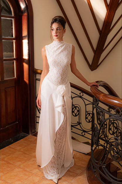 Sleeveless High Neck Flower Lace Patchwork Reception Dress