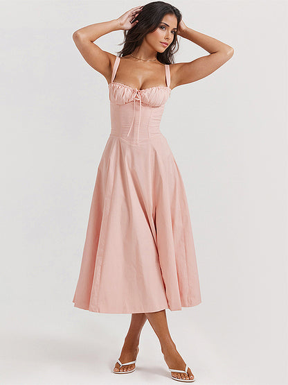 Soft Pink Summer Dress Sleeveless Straps Neck Cottagecore Lace Up Midi Dress For Women