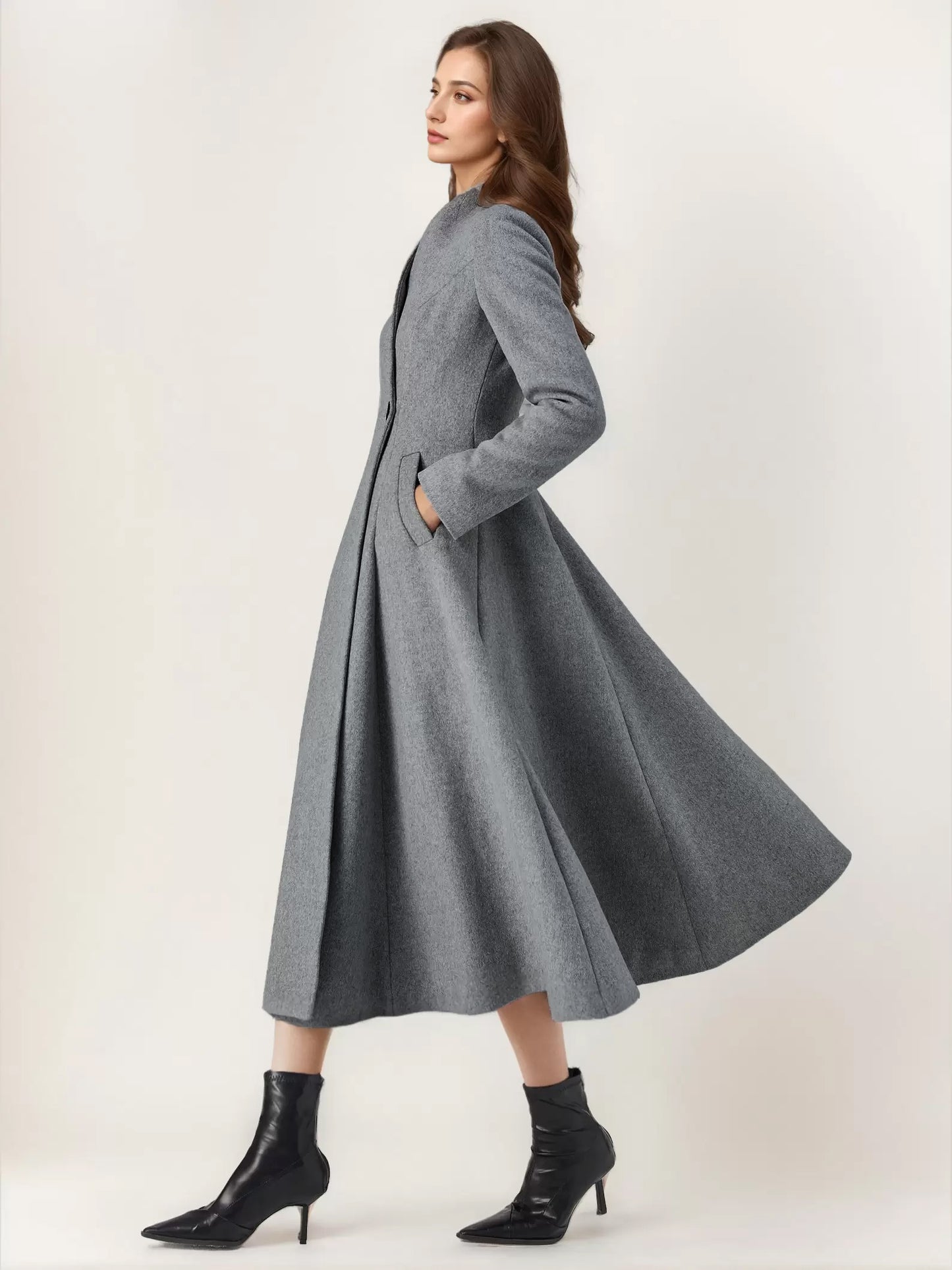 Wool Blend Flared Coat For Woman One Button Gray A-line Winter Midi Outerwear 2026