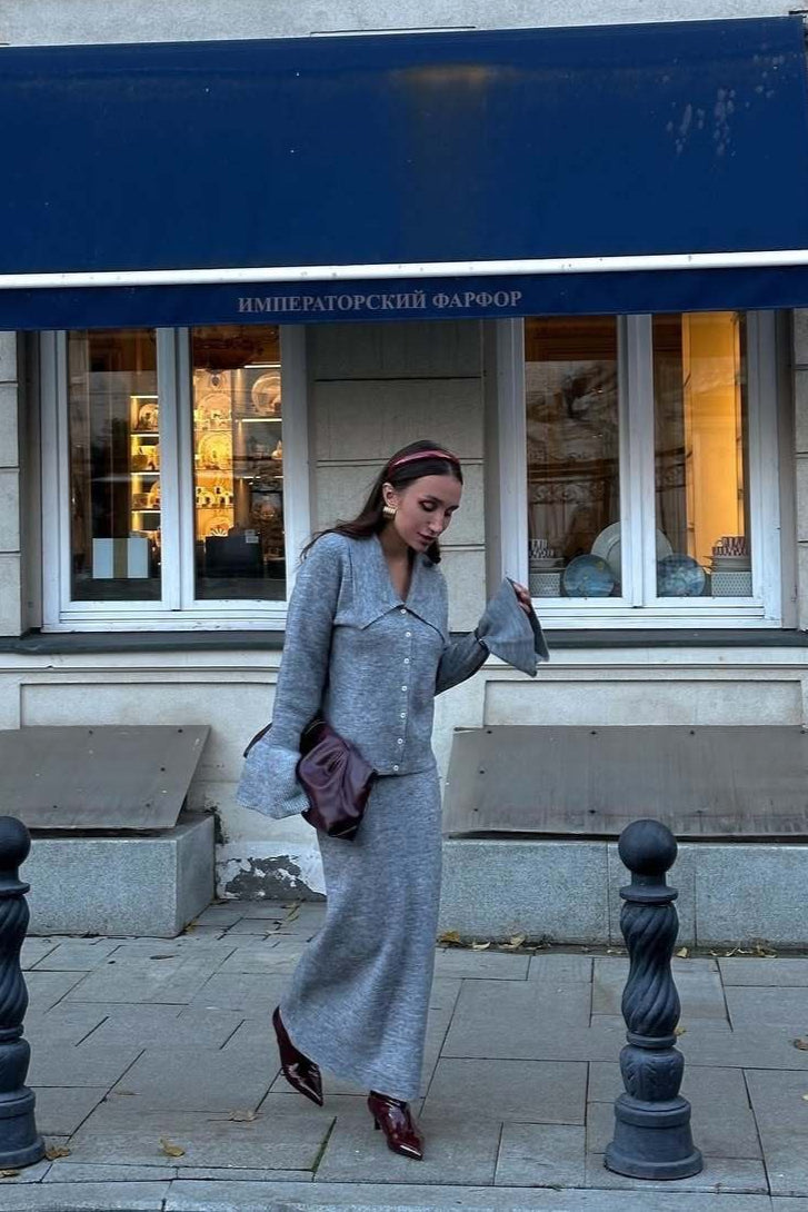 Bell-Sleeve Pink Polo Collar Cardigan Straight Skirt Two Piece Set