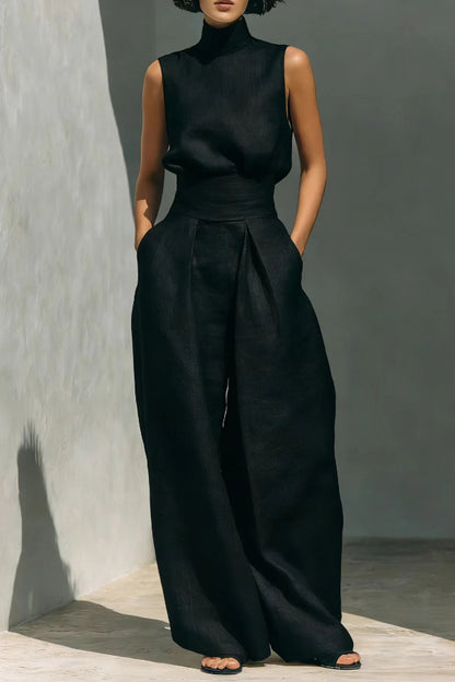 Linen Blend Solid Color Turtleneck Sleeveless Top and Casual High-waisted Elastic Waist Pocket Wide-leg Pants Set
