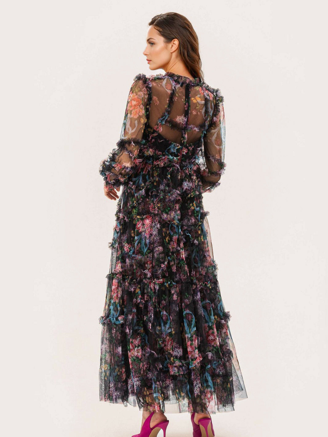 Party Dress Ruffles Layered Illusion Sleeves Elegant Folklore Long Dress