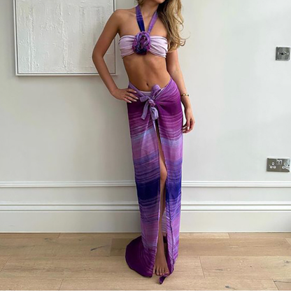 Leopard print halter self tie mesh 3 piece maxi skirt set