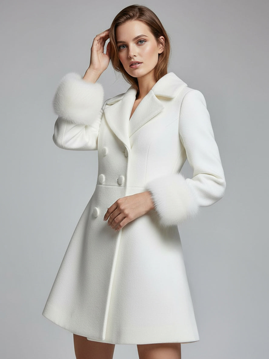 White double-breasted wool Blend coat with wide lapel And Faux fur cuffs For Women 2026