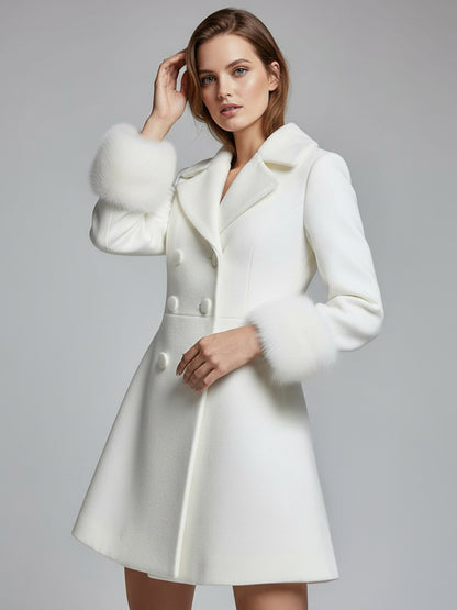 White double-breasted wool Blend coat with wide lapel And Faux fur cuffs For Women 2026