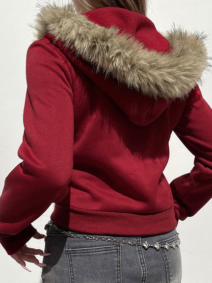 Red Vintage Digital Print Fur Oversized Hoodie