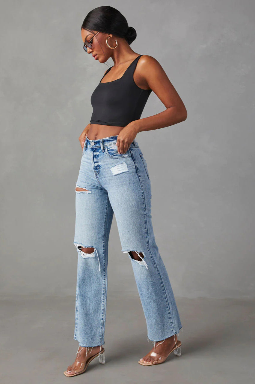 Ripped Raw Hem High Waist Jean
