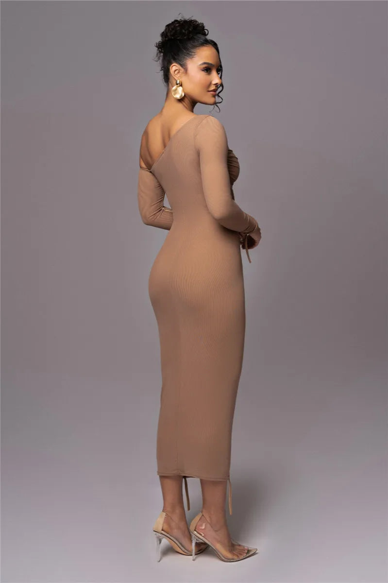 Asymmetric One-Shoulder Mesh Ruched Piping Drawstring Midi Dress