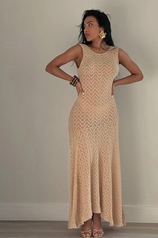 Crochet Knit Boat Neck Sleeveless Chevron Pattern Fit and Flare Maxi Dress