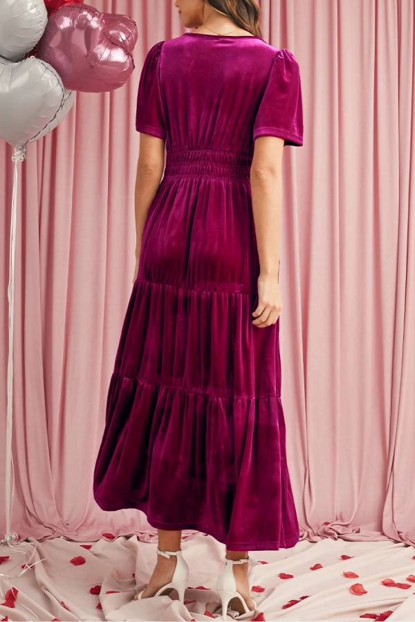 Red Dahlia Velvet Short Sleeve Shirred Waist Tiered Maxi Dress