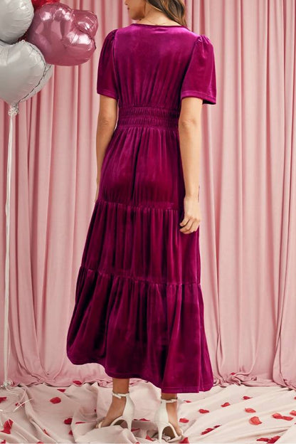 Red Dahlia Velvet Short Sleeve Shirred Waist Tiered Maxi Dress