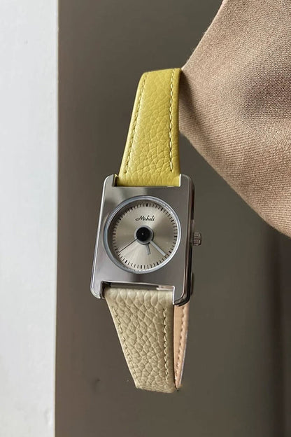 Square Steel Case Dopamine Color Matching Leather Strap Watch
