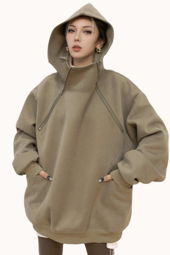 Oversized Hooded Sweatshirt with Side Zipper Hoodie