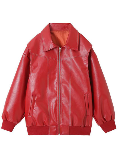 Red PU Leather Jacket Collared Long Sleeves Zipper Daily Casual Jackets