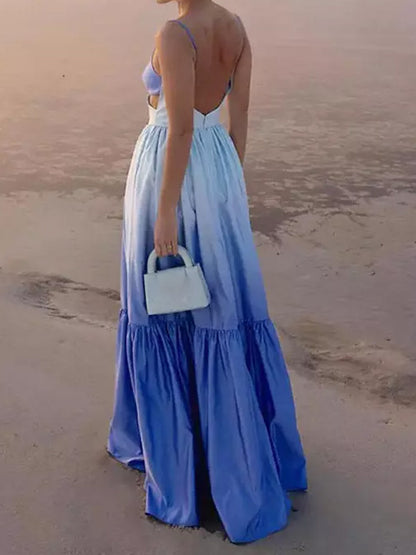 Gradient Maxi Slip Dress for Women - Blue Boho Side Cutout V Neck Tiered A Line Sundress - Summer Beach Vacation 2026