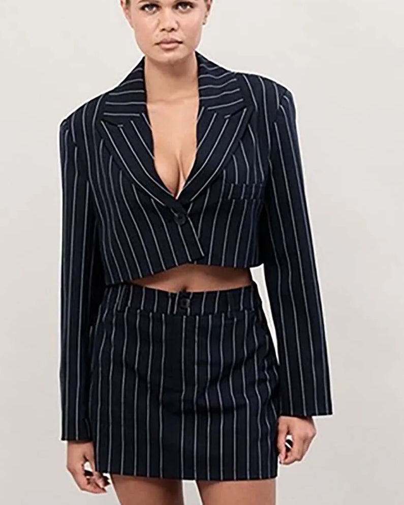 Black Print Crop Shirt Mini Office Two Piece Set