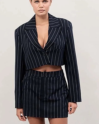 Black Print Crop Shirt Mini Office Two Piece Set