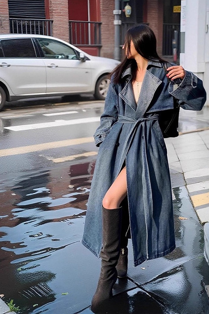 Washed Denim Lazy-Chic Long Overcoat