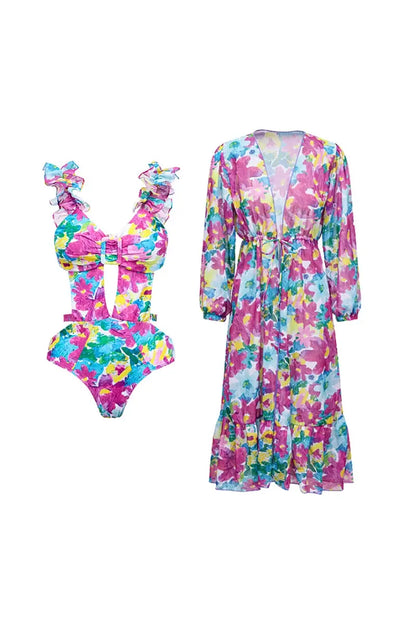 Cutout One Piece Swimsuit Set with Cover Up